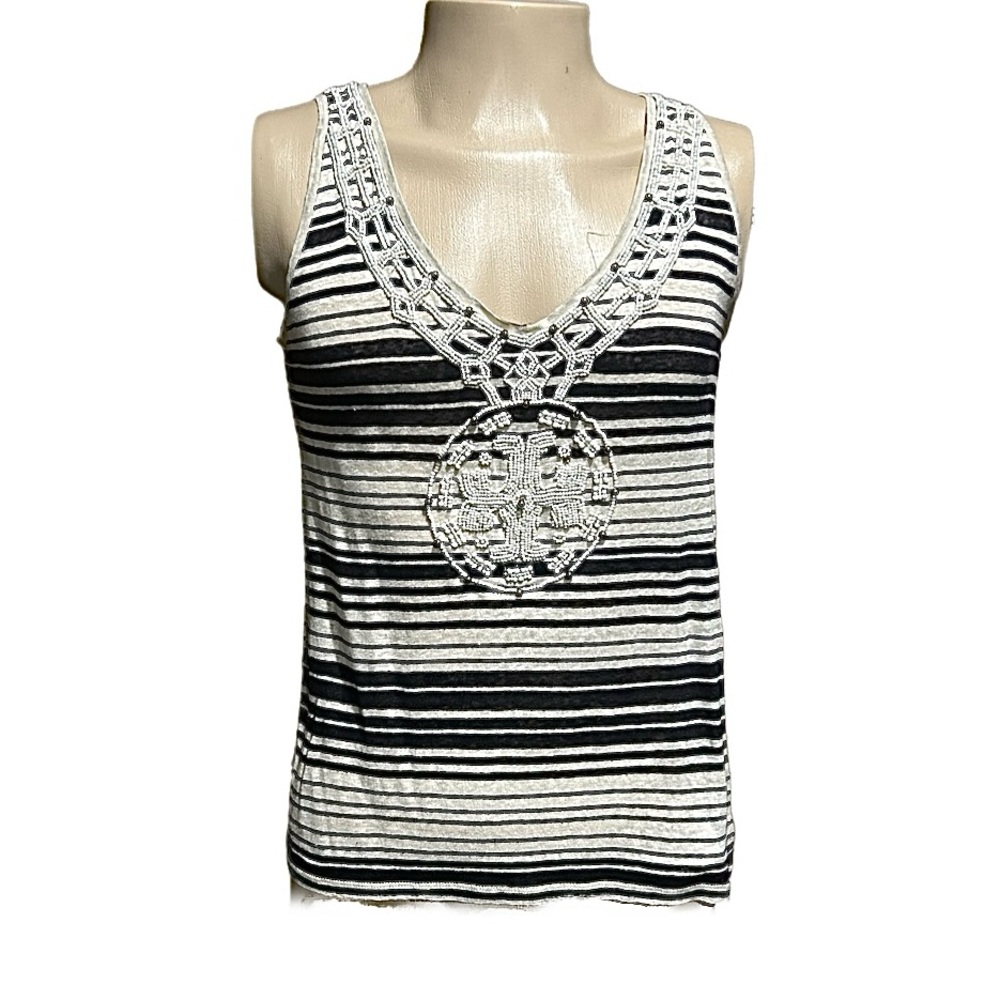NWT Tory Burch Sleeveless Brylyn Tank Top w Stripes & Beaded Logo